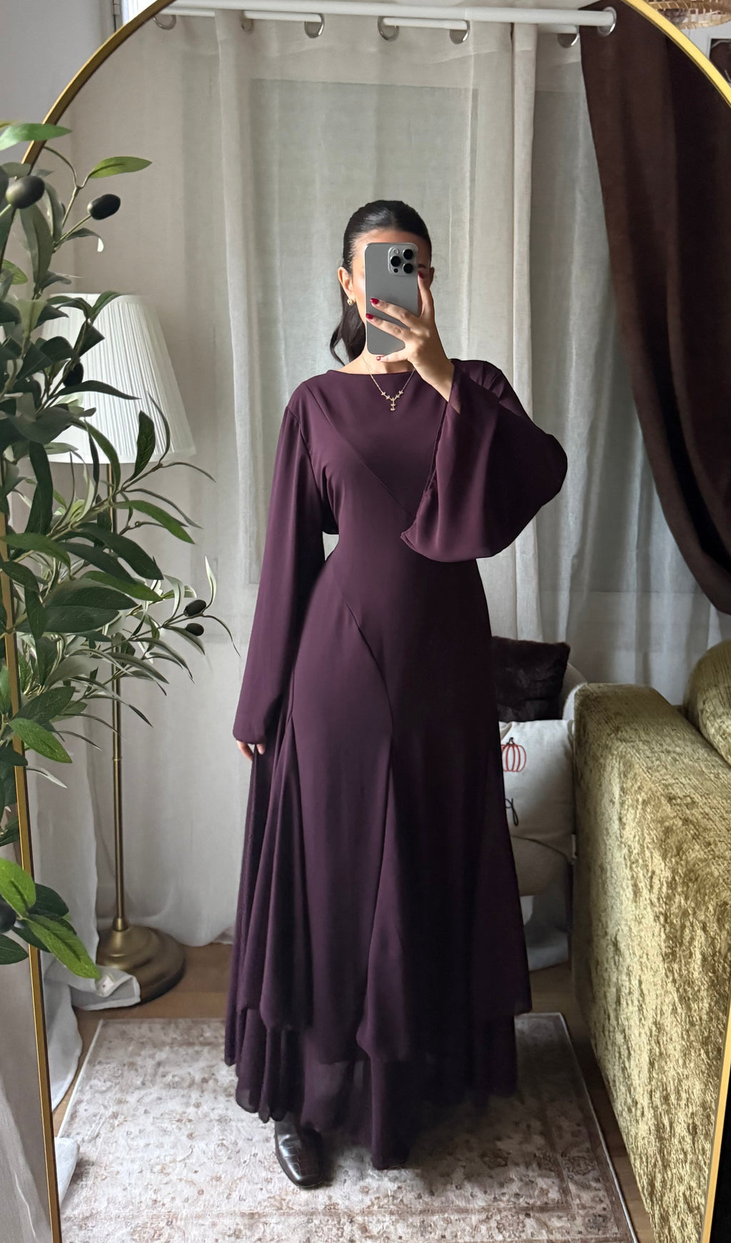 Robe Longue Fluide Manches Évasées – Prune