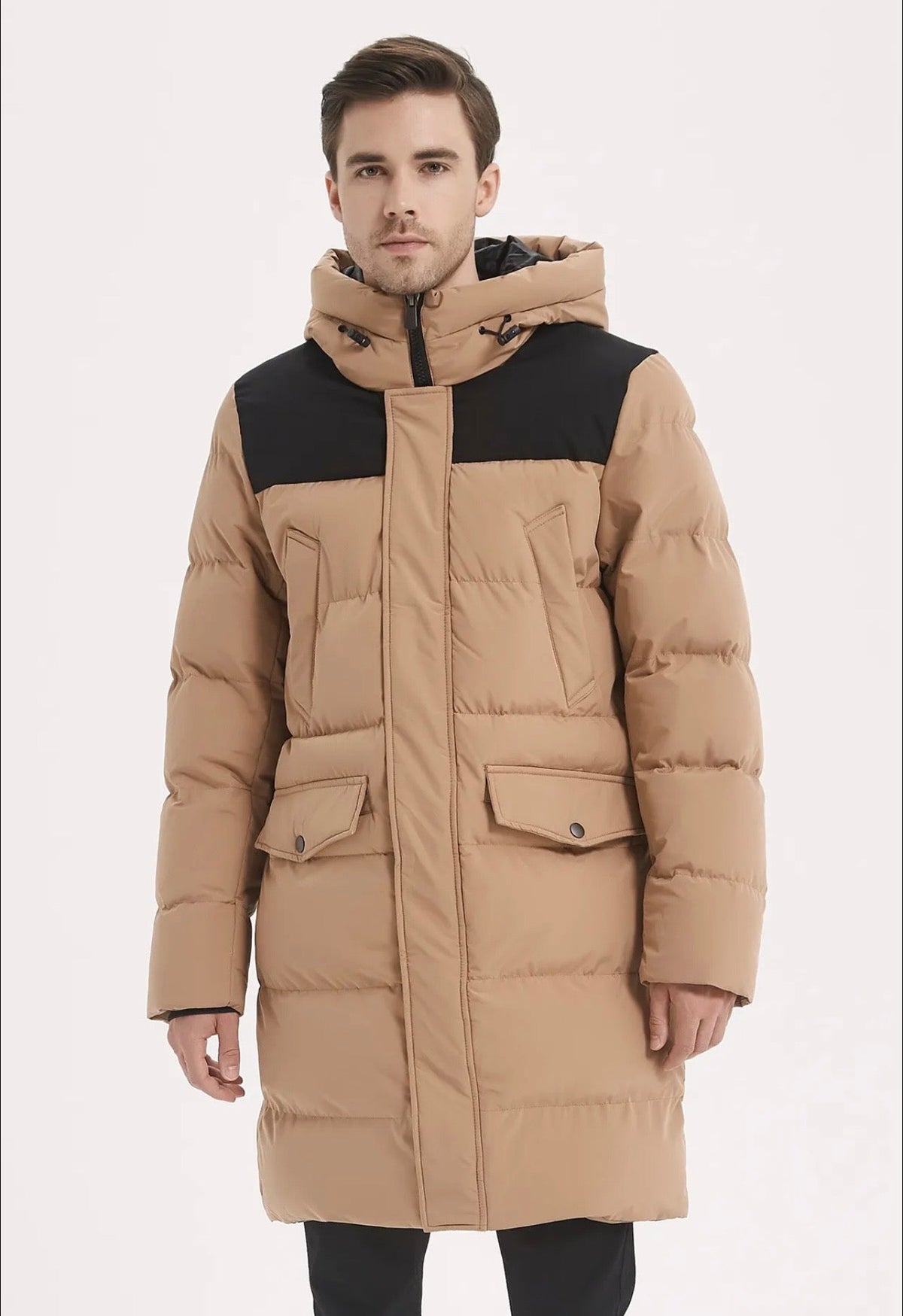 Doudoune Longue Homme à Capuche – Chaude & Élégante | Noir & Beige