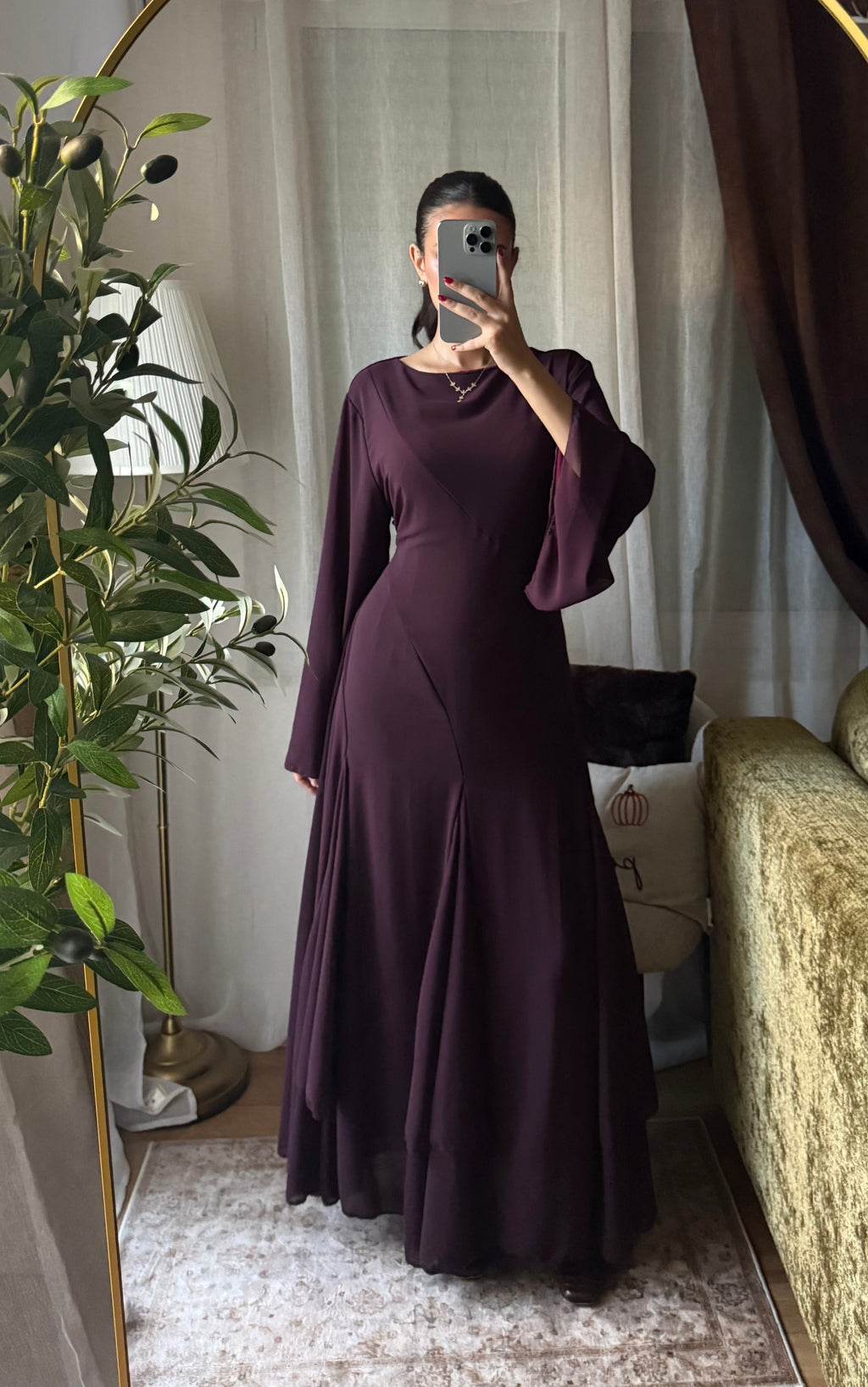 Robe Longue Fluide Manches Évasées – Prune