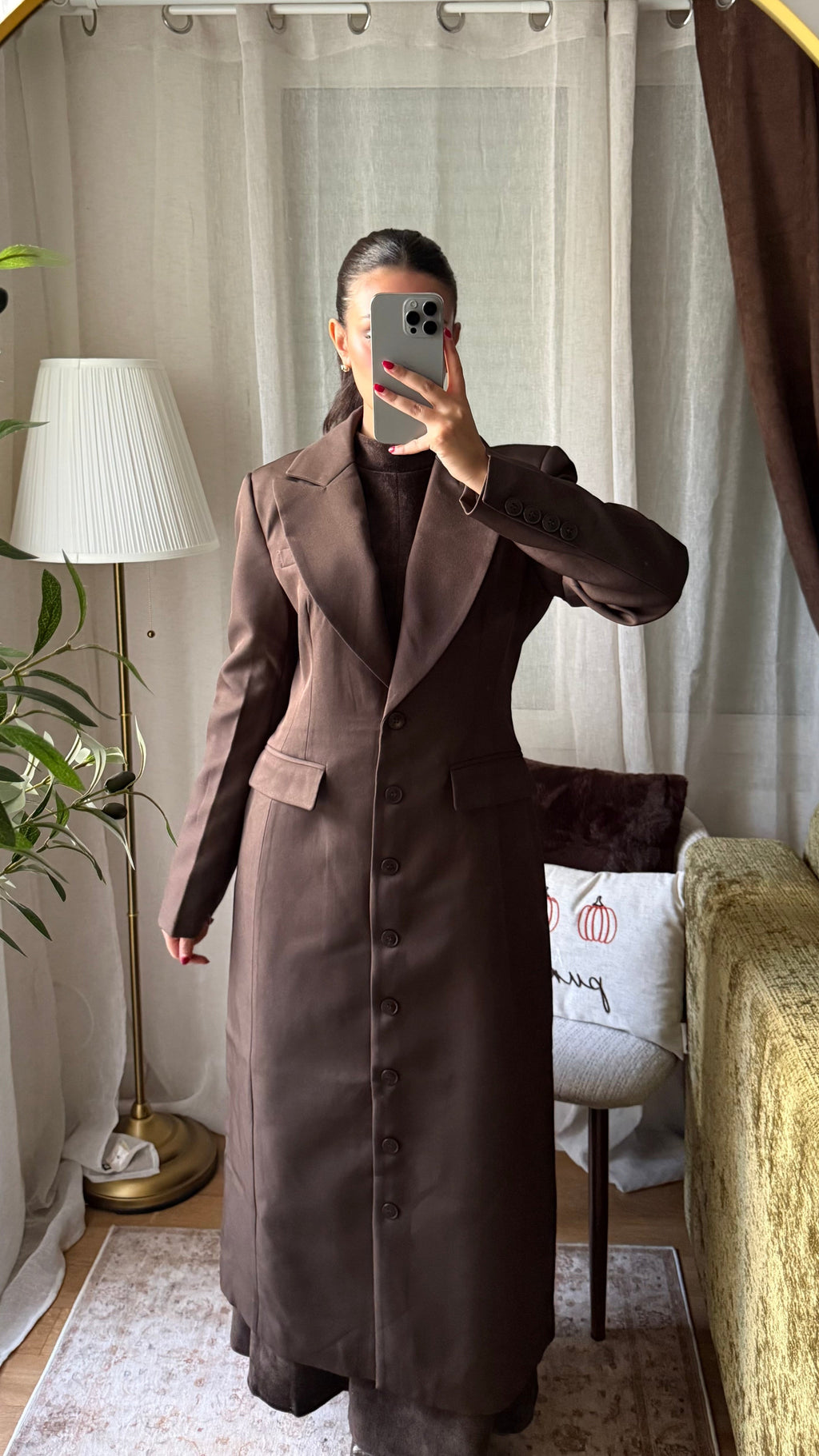 Manteau Long Tailleur Cintré – Marron Chocolat