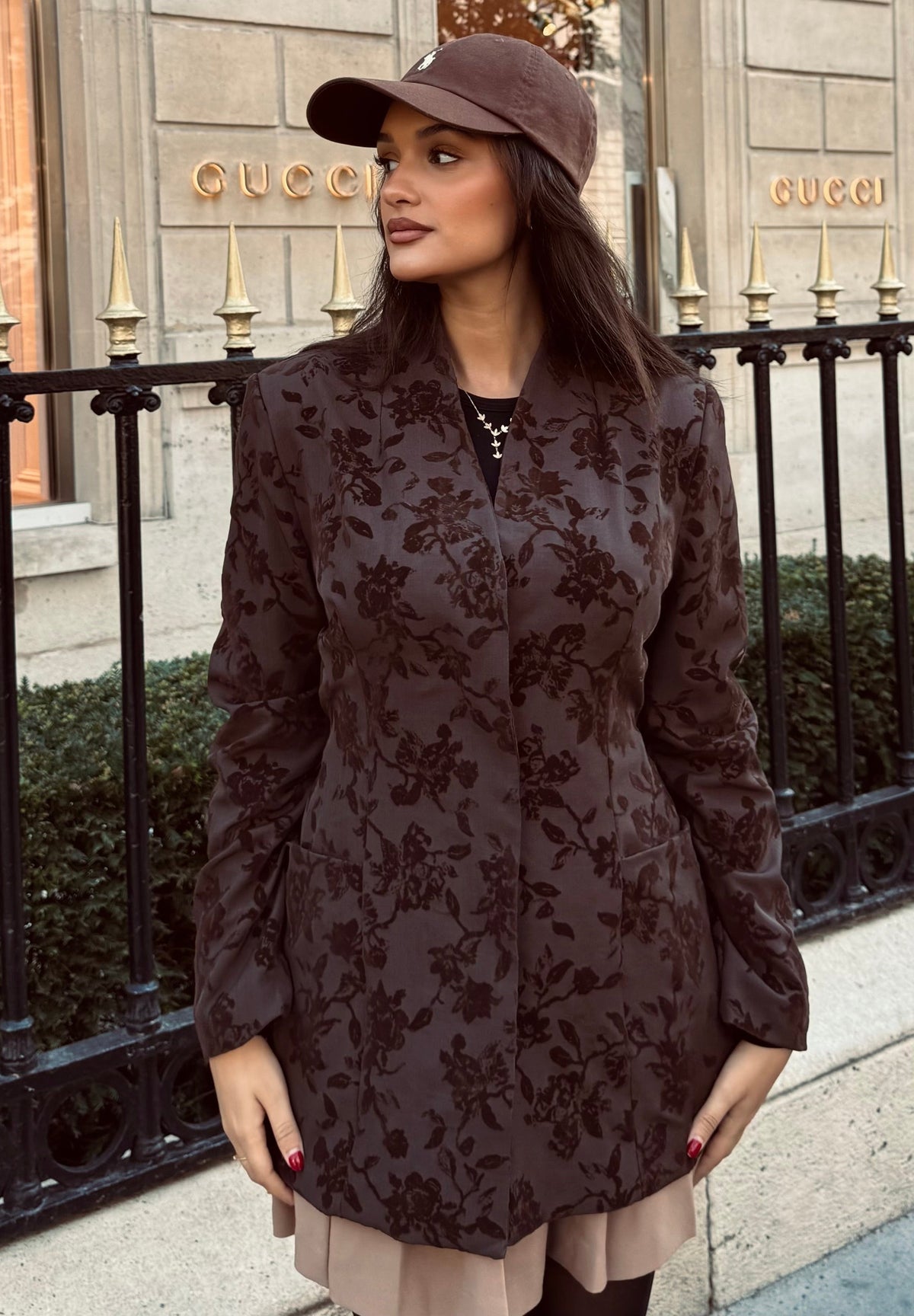 Veste Blazer Velours Fleuri – Marron Chocolat