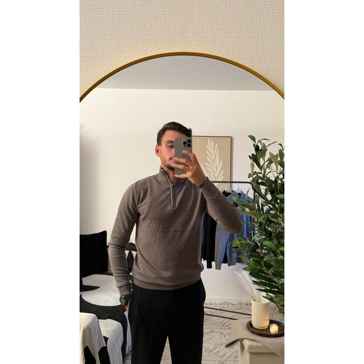 Pull Col Zippé Coffee Homme – Manche Longue Doux & Tendance