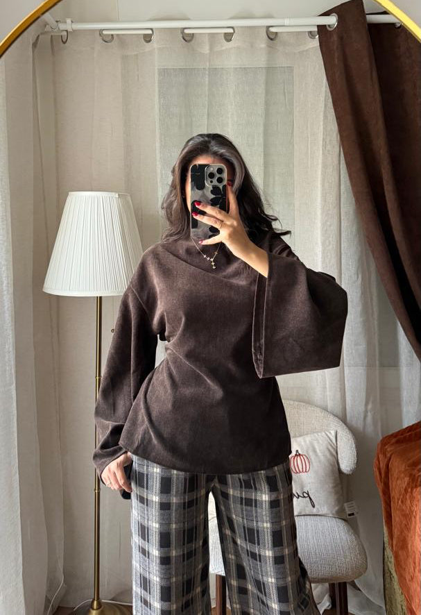 Blouse Velours Manches Évasées – Marron Chocolat