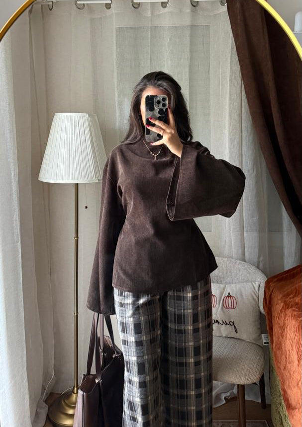 Blouse Velours Manches Évasées – Marron Chocolat