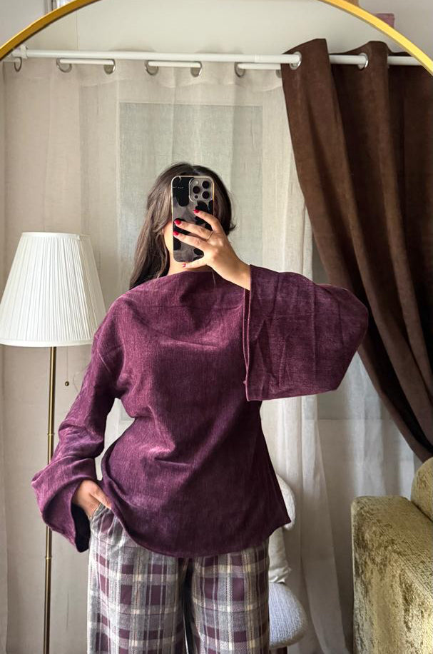 Blouse Velours Manches Évasées – Prune