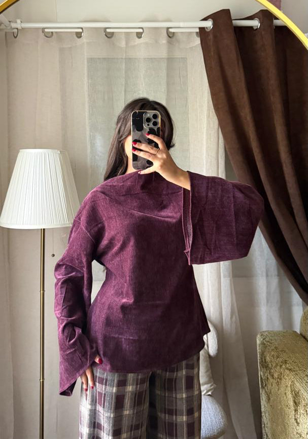 Blouse Velours Manches Évasées – Prune