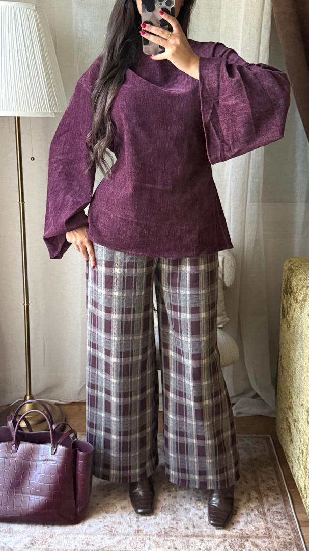 Blouse Velours Manches Évasées – Prune