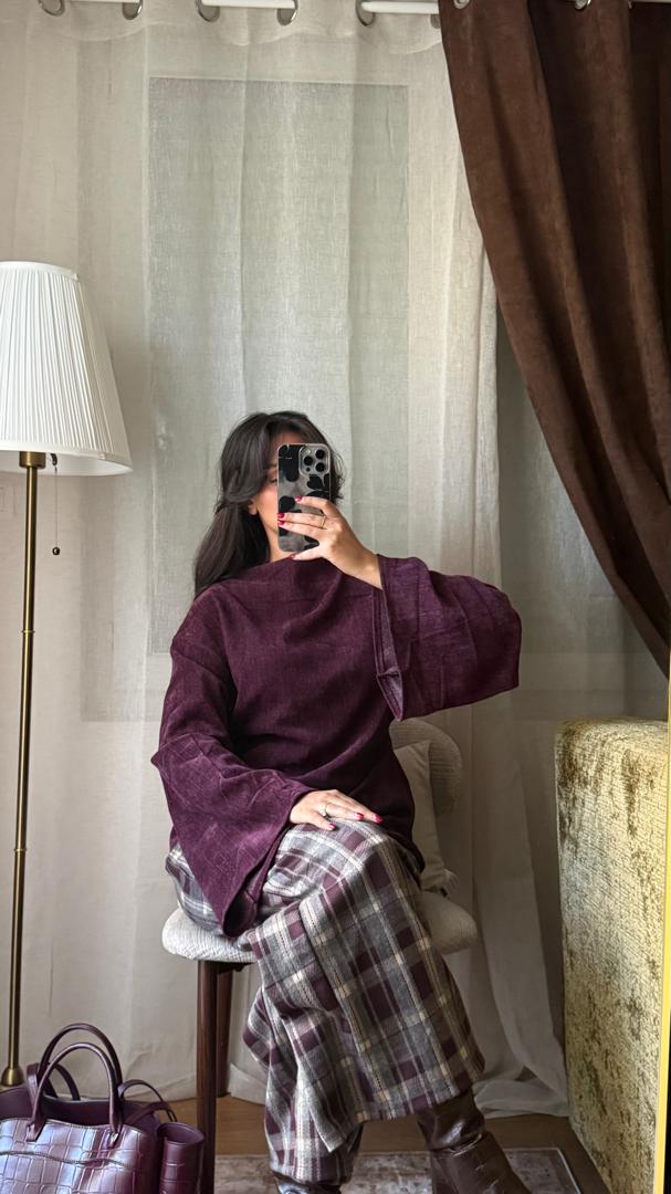 Blouse Velours Manches Évasées – Prune