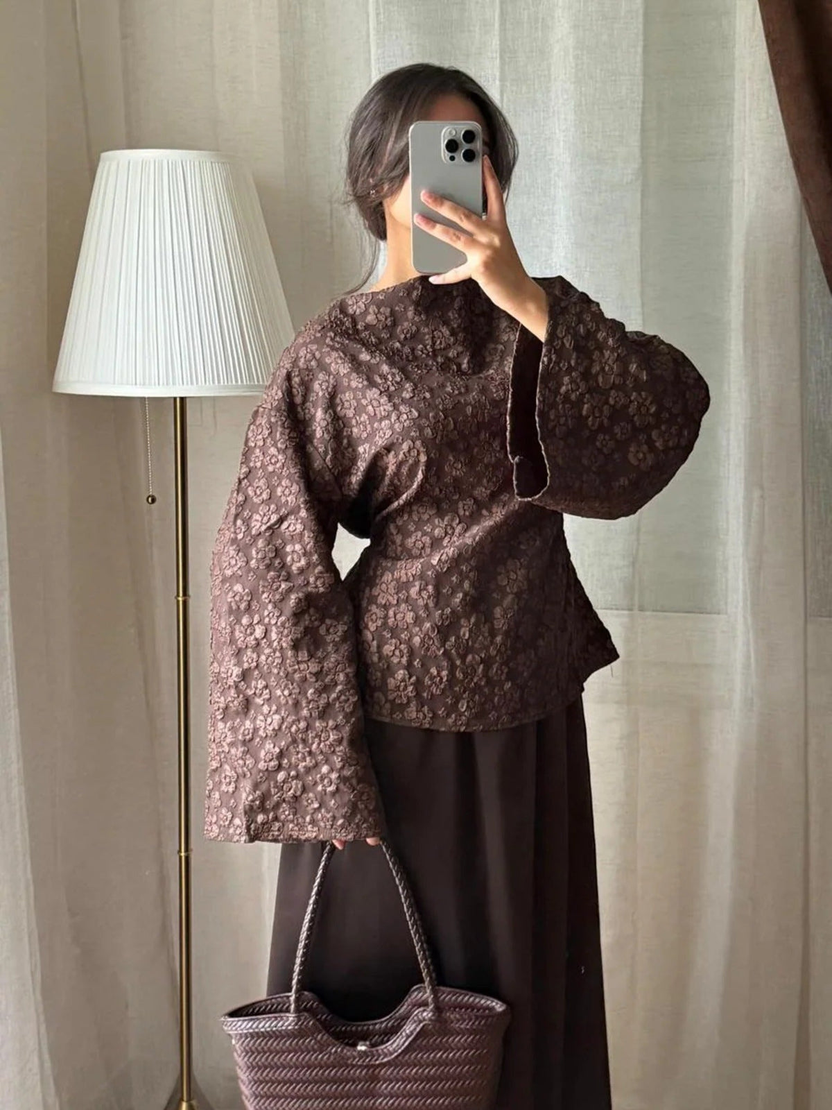 Ensemble Blouse Jacquard & Jupe Satinée – Marron