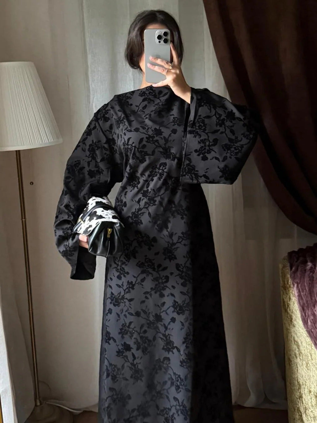 Robe Longue Jacquard Fleuri – Noire