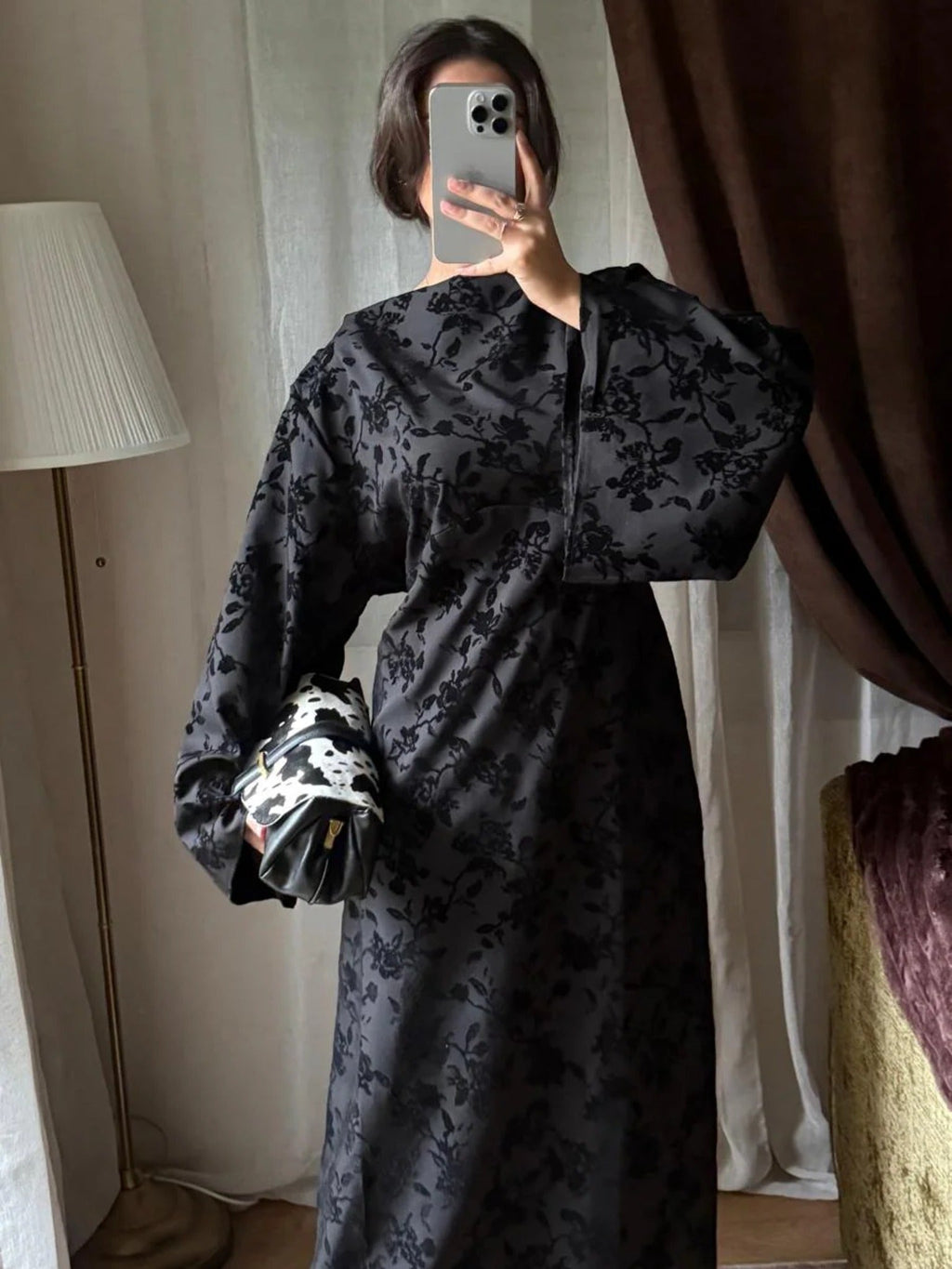 Robe Longue Jacquard Fleuri – Noire