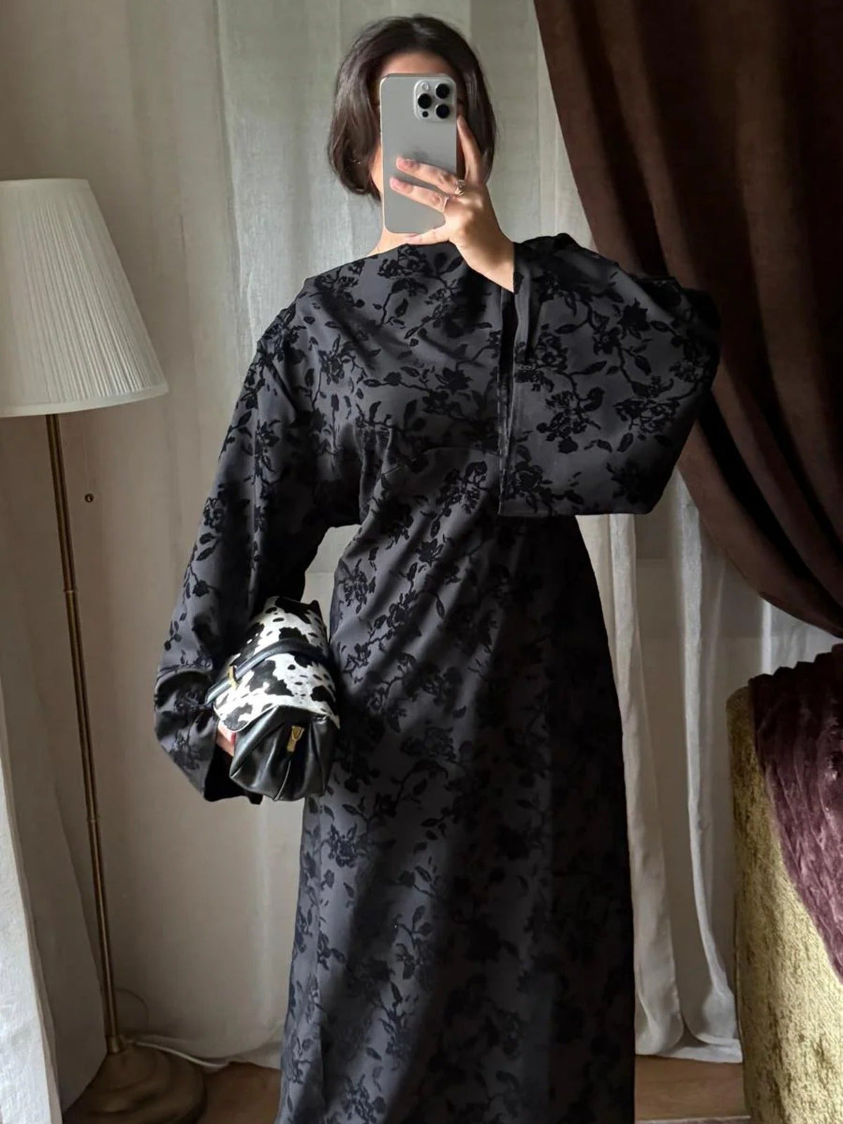 Robe Longue Jacquard Fleuri – Noire