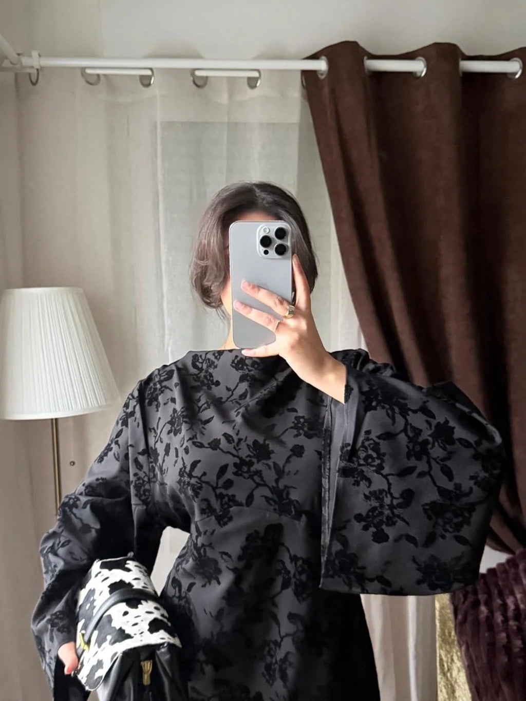 Robe Longue Jacquard Fleuri – Noire
