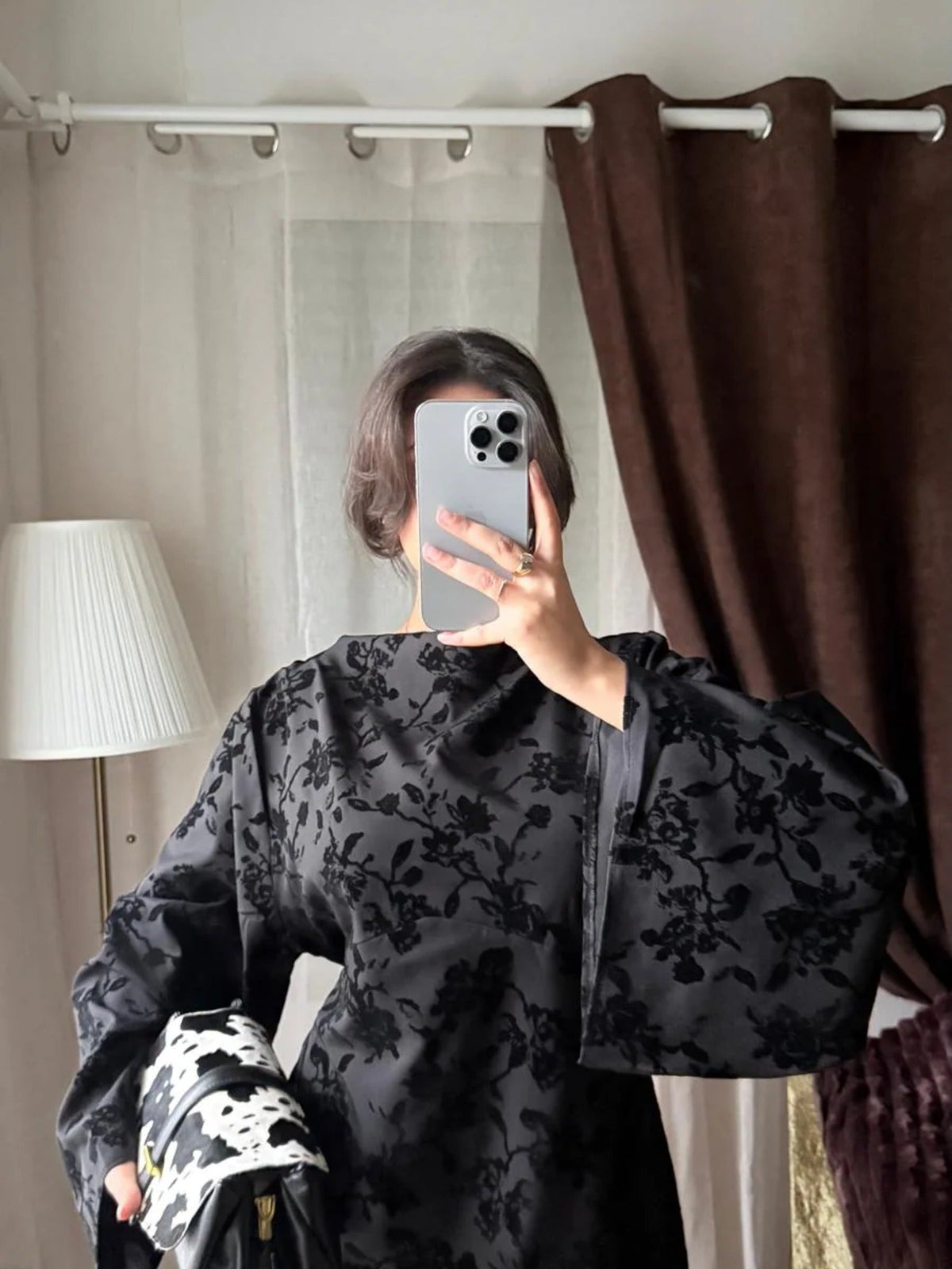 Robe Longue Jacquard Fleuri – Noire